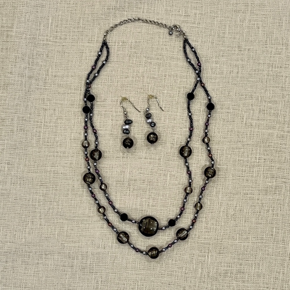 Smoky Gray, Black and Pearl Beaded Necklace and Earrings Set